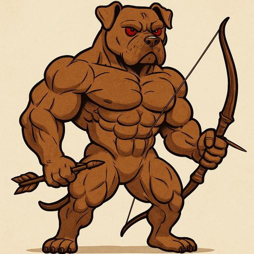 A brown dog that’s really really buff. Full body. Give the dog A bow and arrow. Red eyes.
2D.