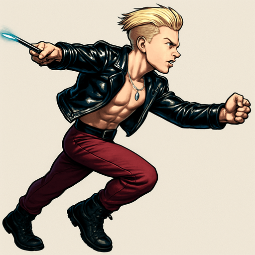 Arm positions & leg positions switched, reversed, Cyberpunk manga, side profile view running animation frames, shiny black leather biker jacket longsleeves shirtless thin abs pecs necklaces gemstone tipped wand, action shot wand pointed straight in front arm extended wand casting spell fierce fashion pose animation blonde undercut pompadour, vampire fangs, wine red joggers, combat boots, Background removed, "Full-body character, entirely in frame, no cropping of face, head, or feet" "Complete character visible, from head to toe, fully centered in the image" "Entire character, including face and boots, fully within the frame" Character fully contained within a square frame, no edges cut off,