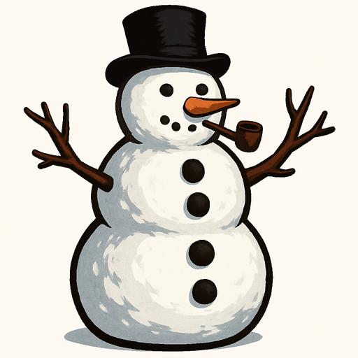 Hombre de nieve con pipa y manos de ramas y tres botones negros verticalmente algo realista.
In-Game asset.  2d.  High contrast.  No shadows