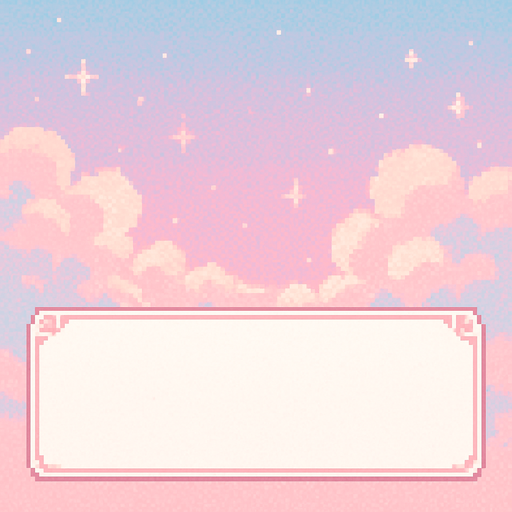 Ilustración en Pixel Art de un Name Box blanco, característico de una novela visual romántica, con detalles en colores pastel. El cuadro no contiene texto.