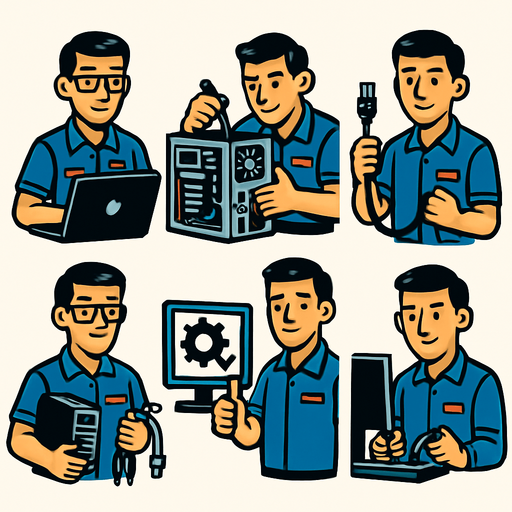Bilgisayar teknikeri personel, 6 farklı resim olsun..
In-Game asset.  2d.  High contrast.  No shadows