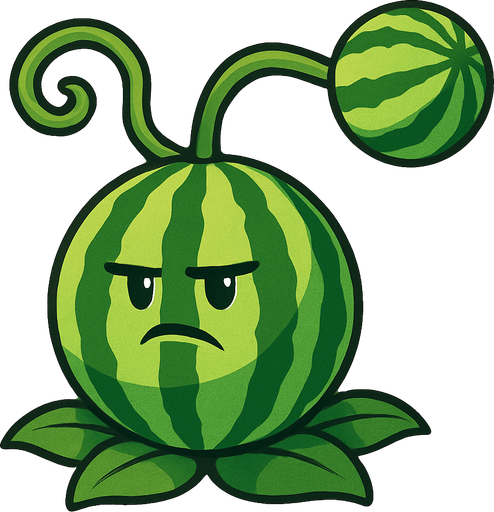 Melón como Cuerpo: La planta en sí parece ser un melón grande y redondo, con las características rayas verdes oscuras y claras de una sandía.

Cara y Hojas: Tiene dos ojos pequeños y una expresión que denota seriedad o concentración, propia de una planta de ataque. En su base, tiene hojas verdes que la asientan en el suelo.

Brazos de Enredadera con Melón: De la parte superior de su cuerpo, salen dos enredaderas o tallos verdes y enrollados que sostienen un melón más pequeño. Este melón es el "proyectil" que lanza. El mecanismo sugiere que es una especie de honda o catapulta natural..
In-Game asset.  2d.  High contrast.  No shadows