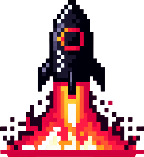 8 bit image black rocket with fire tail.
Single Game Texture.  In-Game asset.  2d.  Blank background.  High contrast.  No shadows