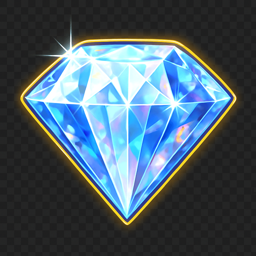 Un diamante grande, multifacetado, con destellos luminosos y un brillo intenso. Debe parecer una joya preciosa. Colores claros y translúcidos (blanco, azul pálido) con reflejos iridiscentes. Estilo de casino de lujo. Fondo transparente. Es el símbolo de mayor valor (50x), debe ser visualmente impactante y deslumbrante..
In-Game asset.  2d.  High contrast.  No shadows