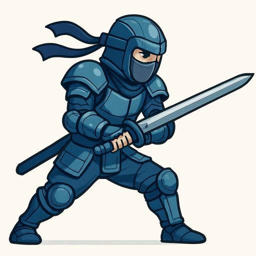 side scroller blue steel armored ninja aksi koreographi  dua tangan memegang pedang ke depan
In-Game asset.  2d. No shadows