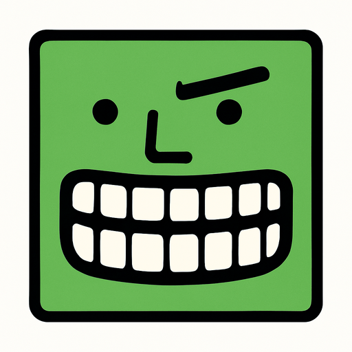 Basit yeşil renkde kare yüz. Gözü çok küçük, dişleri kaftar, burnu normal, kaşı ince.
In-Game asset.  2d.  High contrast.  No shadows