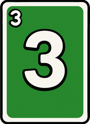 Rectangular card numbered 3, with a white border around it and a green background..
In-Game asset.  2d.  High contrast.  No shadows