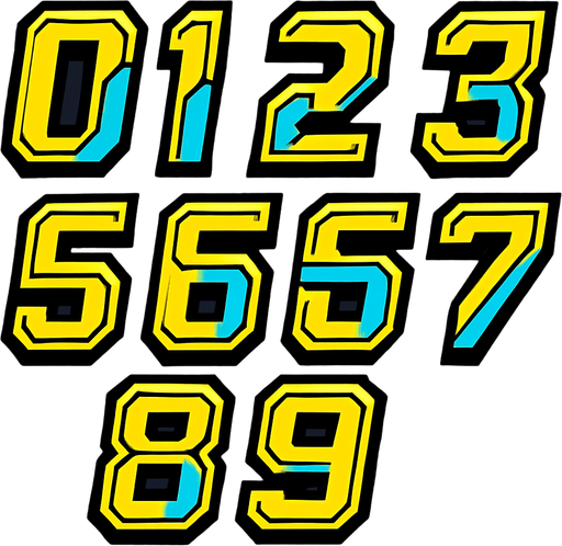 Display icons of Numbers 0 to 9 in SciFi comic style font.
In-Game asset.  2d.  High contrast.  No shadows