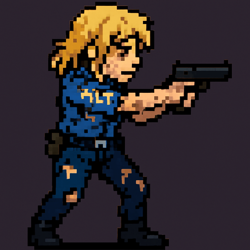 A side-view, animated blonde woman in a police uniform holding a gun. She looks worn out, and her clothes are torn..
In-Game asset.  2d.  High contrast.  No shadows. pixel art