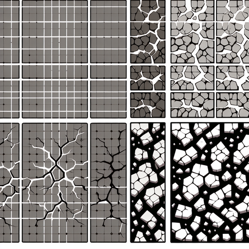 A sprite sheet of different crack patterns. Just the crack..
Single Game Texture. In-Game asset. 2d. Blank background. High contrast. No shadows.