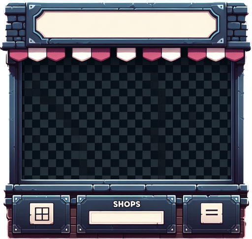 shopmenu transparent background.
Single Game Texture. In-Game asset. 2d. Blank background. High contrast. No shadows.