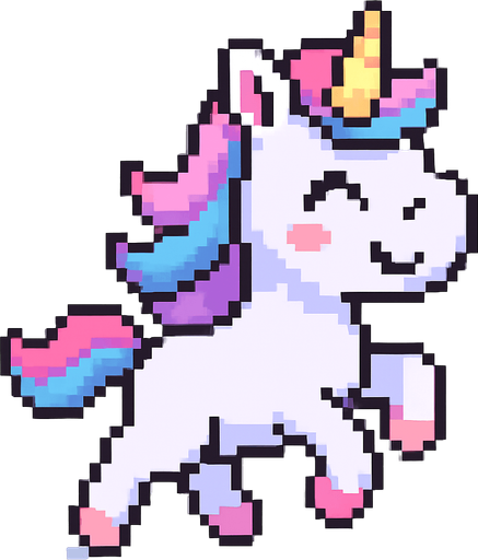 El unicornio debe ser un personaje adorable y colorido en estilo pixel art, con cuerpo erguido sobre dos patas traseras como si caminara o corriera, crin y cola multicolor en tonos pastel (rosa, celeste, violeta), cuerno dorado o brillante en la frente, y una expresión alegre o soñadora en su rostro; su cuerpo debe ser blanco o lavanda claro, con detalles simples como cascos marcados y orejitas visibles, y su animación puede incluir un suave rebote o movimiento de la crin al desplazarse; el estilo debe ser caricaturesco y alegre, con fondo transparente y un diseño encantador que encaje bien en un juego mágico, infantil o casual..
In-Game asset.  2d.  High contrast.  No shadows