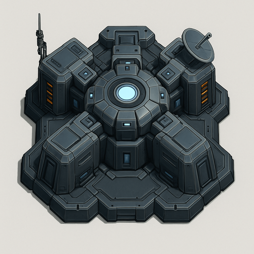 Namlusu olmayan, Teknolojik askeri kule, üstten görünüm, gerçekçi, yazısız.
In-Game asset.  High contrast.  No shadows