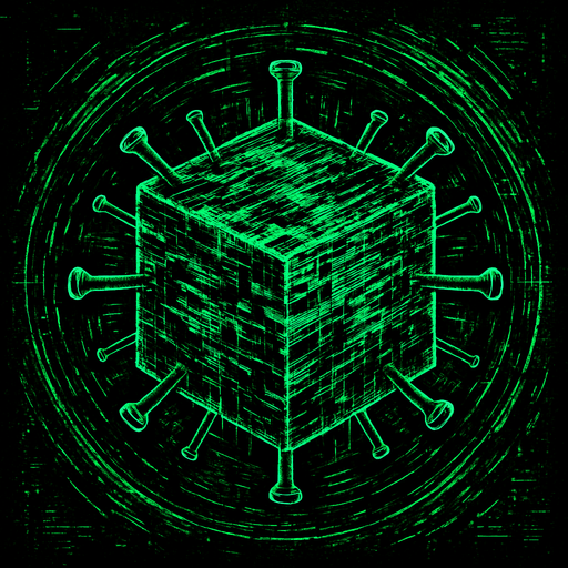 massive cube-shaped virus, distorted glitch surfaces, holographic data streams, topdown view, green and black colors, digital corruption texture, symmetrical, circular.
In-Game asset.  2d.  High contrast.  No shadows