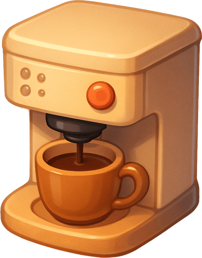 A coffee machine. Cute soft graphics. soft ambient light. semi-matte to satin surfaces. naturalistic with slight saturation boost colors. 
In-Game asset.  2d.  High contrast.  No shadows. top down..
In-Game asset.  2d.  High contrast.  No shadows