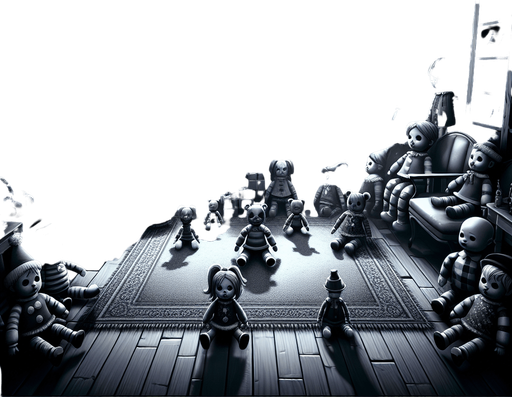 Eerie Christmas-inspired doll room similar to a resident evil room
Single Game Texture. In-Game asset. 2d. Blank background. High contrast. No shadows.