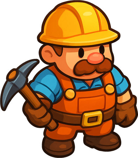 Crea un personaje "Trabajador" para un juego de Tower Defense, en un estilo 2D renderizado, limpio y cartoonish. El trabajador debe tener contornos claros y definidos, colores vibrantes con transiciones suaves, y sombreado que dé volumen.

El diseño debe ser el de un personaje compacto y robusto, diseñado para ser fácilmente reconocible desde una vista cenital/ligeramente aérea, pero con suficiente detalle para mostrar su progresión. Debe evocar la idea de construcción, minería o recolección de recursos..
In-Game asset.  2d.  High contrast.  No shadows