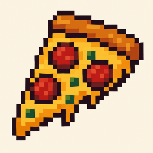 Pixilated pizza.
In-Game asset.  2d.  High contrast.  No shadows