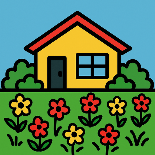 let there be a house and let the house be surrounded by lawns and flowers.
In-Game asset.  2d.  High contrast.  No shadows