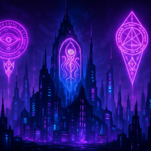 16:9 banner, Neon cyberpunk horror landscape scene futuristic spires skyscrapers towers skyline hologram sigils lovecraftian bladerunner tower defense neon purple blue pink occult sigils projections 3d