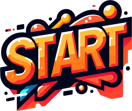 a orange SVG with big bold letters, that says start. a couple color feathers flying of the edge of the word.
Single Game Texture.  In-Game asset.  2d.  Blank background.  High contrast.  No shadows