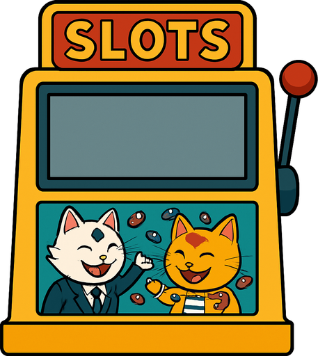 A slots machine with the word Slots at the top. The section where the reels should be is a big empty rectangular window. Underneath that window have a smaller graphic of the cats from this picture throwing chips into the air as a picture on the face of the slots machine. Like they’ve won a jackpot. Include the part where the buttons are, but have that part blank with no buttons. Background behind the image is white.