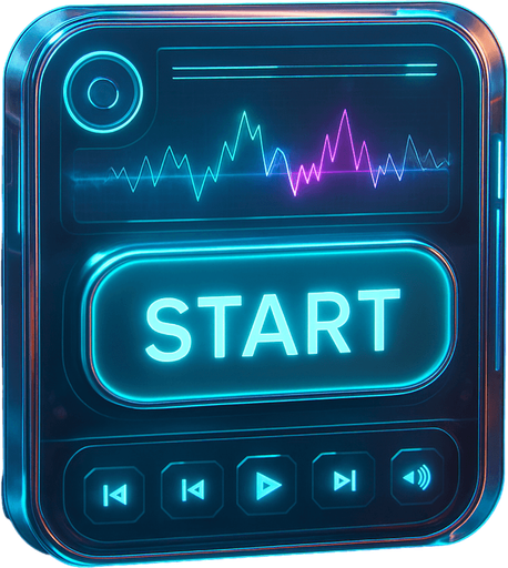 Start button in the shape of a protorealistic holographic futuristc music player.
Front view.