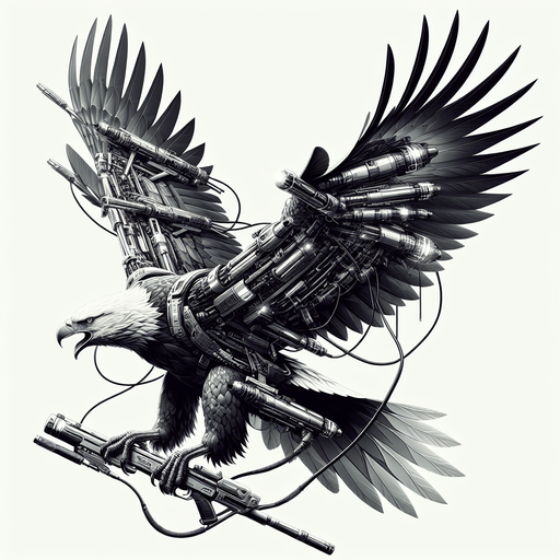 Eagles flying with laser guns..
Single Game Texture.  In-Game asset.  2d.  Blank background.  High contrast.  No shadows