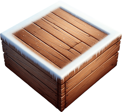 A wooden plan with snow on top edge. In game gui element. Flat front view. Single Game Texture. In-Game asset. 2d. Blank background. High contrast. No shadows.