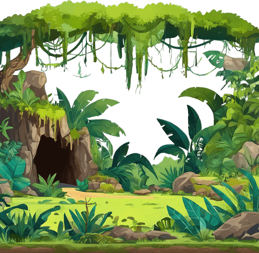 A road in a jungle with a cave nearby