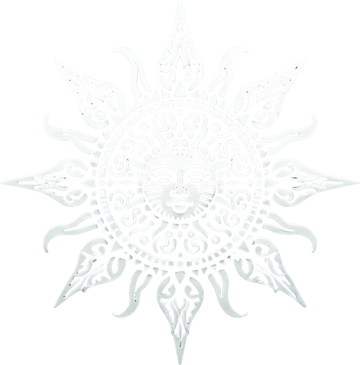 plain white intricate sun icon. black background