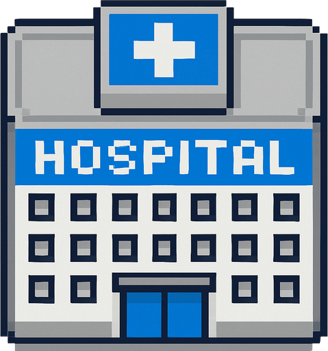 Hospital building 2d pixilated topdown.
In-Game asset.  2d.  High contrast.  No shadows