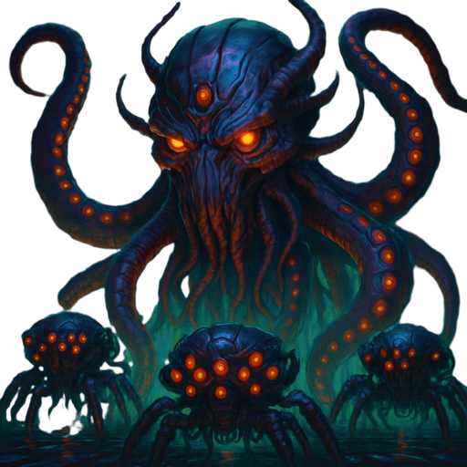 Giant head cyberpunk robot squid demon giant head tentacles behind matrix sentinels