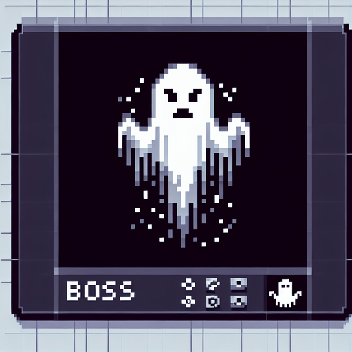 make a floating ghost 8bit boss for a game facing south.
Single Game Texture. In-Game asset. 2d. Blank background. High contrast. No shadows.
