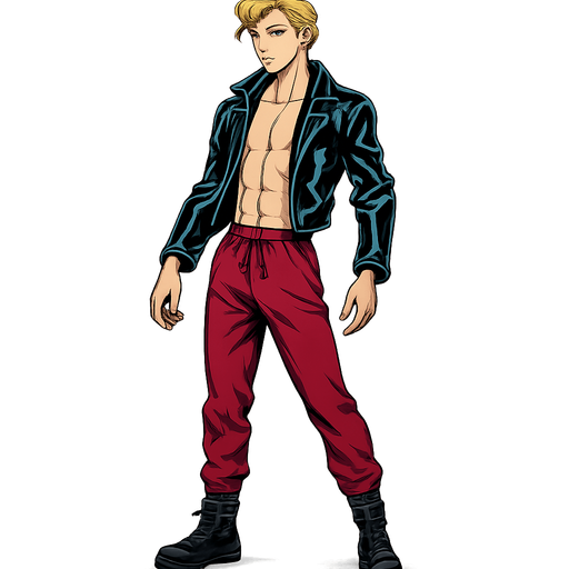 Swishy graceful man Cyberpunk manga, idle animation, shiny black leather biker jacket longsleeves shirtless Skinny abs blonde pompadour guy, wine red joggers combat boots, Background removed, "Full-body character, entirely in frame, no cropping of face, head, or feet" "Complete character visible, from head to toe, fully centered in the image" "Entire character, including face and boots, fully within the frame" Character fully contained within a square frame, no edges cut off fashion model idle pose