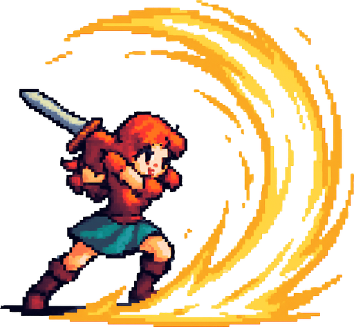 swordsgirl hero attack, sending shockwaves, pixel art, no background.
In-Game asset.  2d.  High contrast.  No shadows