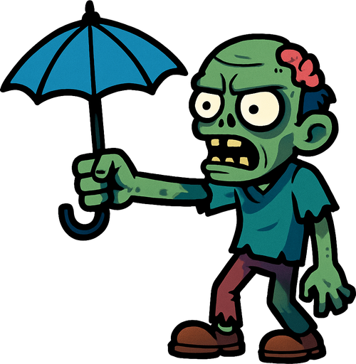 a zombie raises an umbrella forward.
In-Game asset.  2d.  High contrast.  No shadows