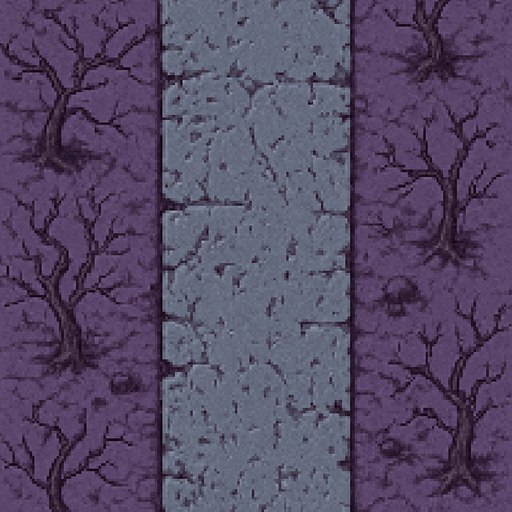 Overhead view of a section of road for an endless vertical shooter. Battle scarred and pitted. High res. degraded biome, dried dead trees and a gray stone pathway
Single Game Texture. In-game asset. 2d. Blank background. High contrast. No shadows. pixel art. purple biom
In-Game asset.  2d.  High contrast.  No shadows, high texture