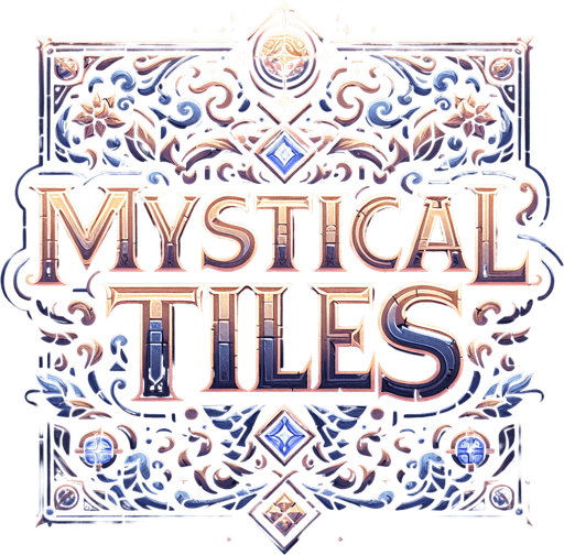 A large game logo displaying the title 'Mystical Tiles' in a mysterious font with magical decorations and effects, suitable for display on a dark bagground. Aspect ratio of the logo should be 10:4.
Single Game Texture. In-Game asset. 2d. Blank background. High contrast. No shadows.