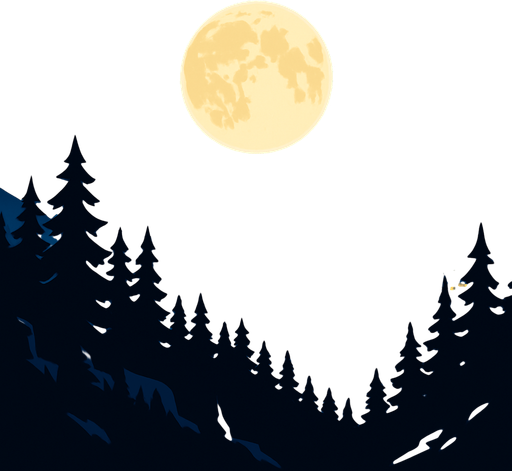 malam bulan purnama diatas hutan dataran tinggi. di kejauhan nampak kota di malam hari.
In-Game asset.  2d.  High contrast.  No shadows