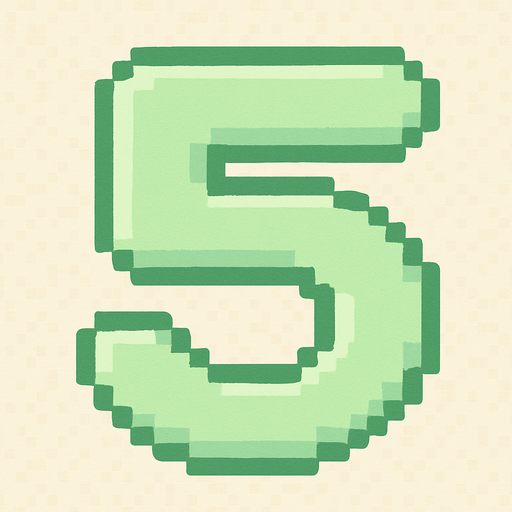 A pixel art number "5" designed for a cozy, cute retro 2D game UI with a bird theme. The number is rendered in soft pastel light green tones to harmonize with the gentle and sweet aesthetic of the game. It has a clean, simple, and rounded pixel style with no harsh edges, fitting perfectly within the pixel art UI style. The number is bold and easily readable at small sizes..
In-Game asset.  2d.  High contrast.  No shadows. pixel art. retro. 2d ui. number. pastel light green. simple. rounded edges. bold. cute. minimal