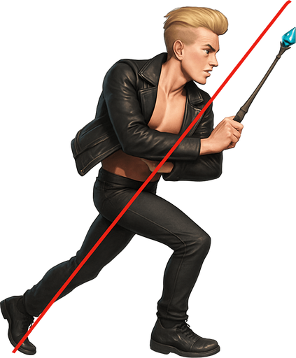 Blonde undercut pompadour black leather biker jacket longsleeves holding magic wand teal gemstone tip shirtless skinny toned abs pecs Switch arm positions, arm crossed in front of body, profile side view, running, Background removed, "Full-body character, entirely in frame, no cropping of face, head, or feet" "Complete character visible, from head to toe, fully centered in the image" "Entire character, including face and shoes, fully within the frame" Character fully contained within a square frame, no edges cut off