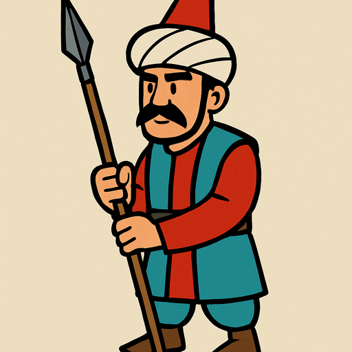 Animasyon çizgi dizi tarzında bir Osmanlı mızrakçısı.
In-Game asset.  2d.  High contrast.  No shadows