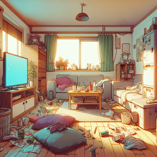 dağınık bir oturma odası, odanın içinden görünüm. 3d renkli anime, çizgi film