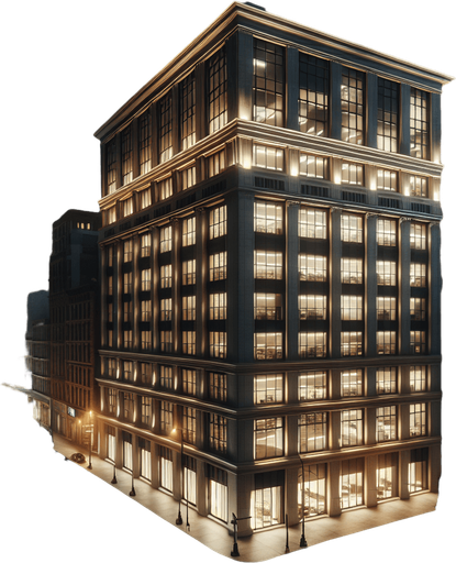 Photorealistic office house at New york night from front view.
