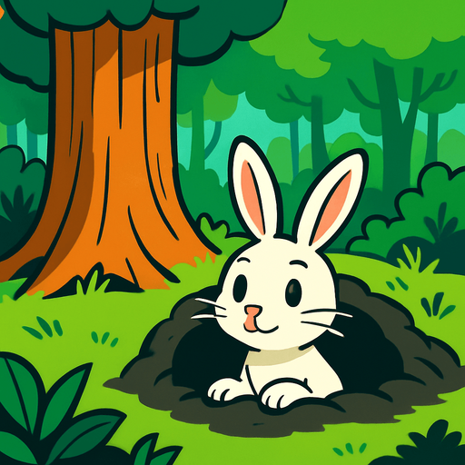 gambar 2d anime kelinci hare menunggu dalam lubang tanah di bawah pohon dalam hutan.
In-Game asset.  2d.  High contrast.  No shadows