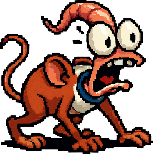 Raton tipo pixel art earthworm jim, la personalidad del ratón debe ser frenética asustadizo como la de ten de ten y stimpy, debe estar en cuatro patas.
In-Game asset.  2d.  High contrast.  No shadows