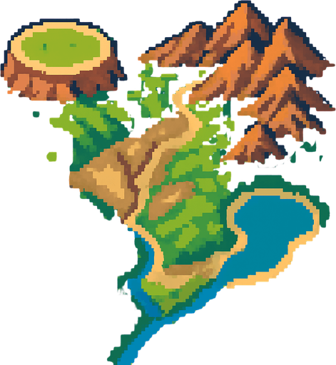 ova ya dağa platoya vadiye göle akarsuya sahip bir harita.
In-Game asset.  2d.  High contrast.  No shadows
pixelart