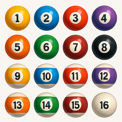 16 ball of billiard, 3D colors, 3d texture, HD colors.
In-Game asset.  High contrast.  No shadows. 3D