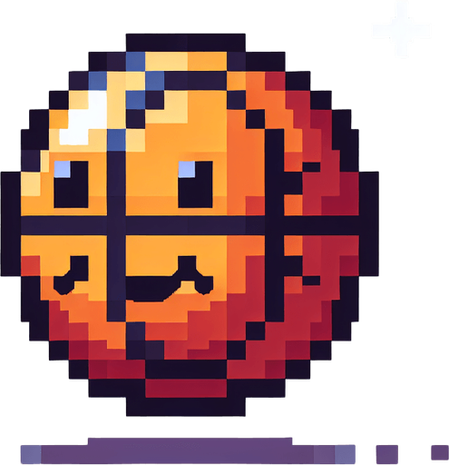 pixel art basketball with a smiley face looking left.
Single Game Texture. In-Game asset. 2d. Blank background. High contrast. No shadows.